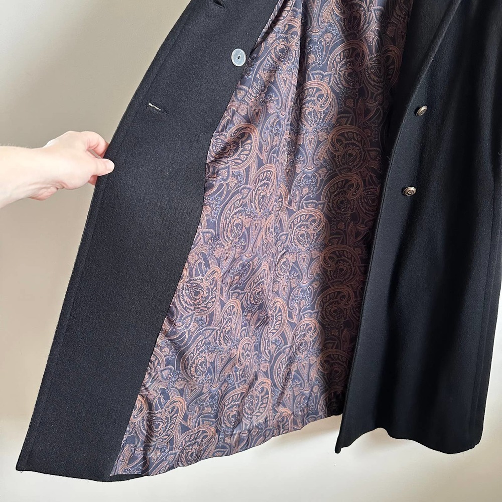 Vintage Black Double Breasted Long Wool Coat Pleated Puff Shoulder sz 8 Petite - Picture 12 of 15